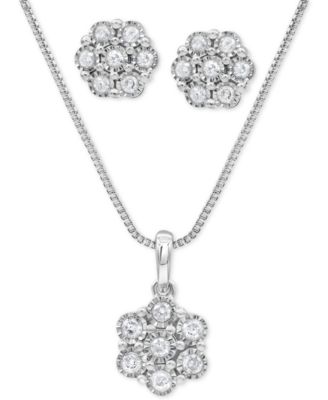 Macy's - 2-Pc. Set Diamond Cluster Pendant Necklace & Matching Stud Earrings (1/2 ct. t.w.) in Sterling Silver