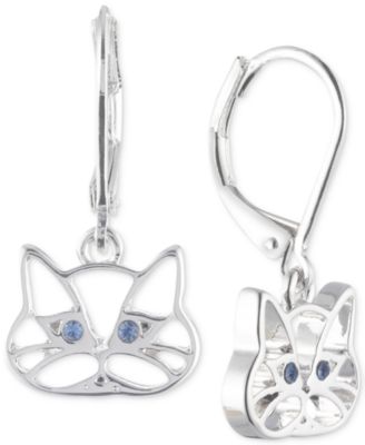 Pet Friends Jewelry - Silver-Tone Blue Crystal Cat Drop Earrings