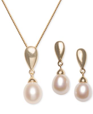 Macy's - 2-Pc. Set Cultured Freshwater Pearl (7 x 9mm) Pendant Necklace & Matching Drop Earrings in 18k Gold-Plated Sterling Silver