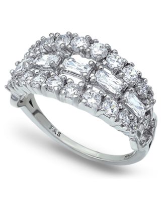 Macy's - Cubic Zirconia 3 Row Emerald Round Prong Set StonesRing in Fine Silver Plate