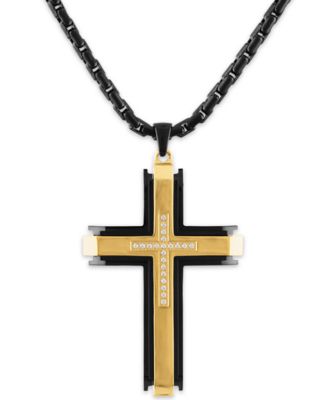 Macy's - Men's Diamond (1/10 ct. t.w.) Cross Pendant 22" Chain in Stainless Steel with Black and Gold Tone Ion Plating
