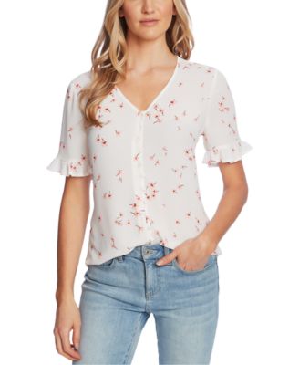 CeCe - Printed Ruffled Button-Down Blouse