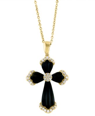 EFFY Collection - Onyx & Diamond (1/6 ct. t.w.) 18" Cross Pendant Necklace in 14k Gold
