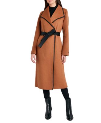 Tahari - Women's Faux-Leather-Trim Belted Wrap Coat