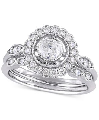 Macy's - Diamond Halo Milgrain Bead Bridal Set (3/4 ct. t.w.) in 14k Gold