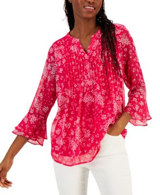 Charter Club - Printed Pintuck Ruffled-Sleeve Top