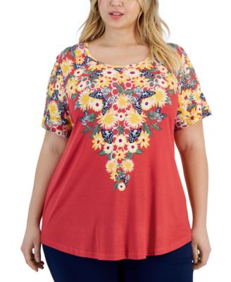 JM Collection - Plus Size Floral-Print Scoop-Neck Top