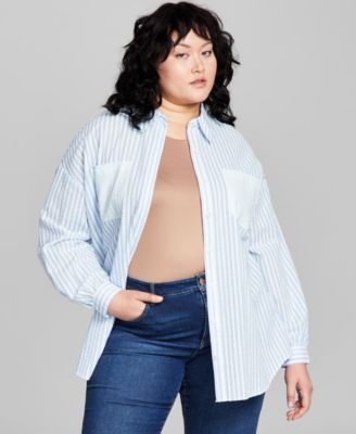 And Now This - Plus Size Seersucker Long-Sleeve Button-Up Shirt