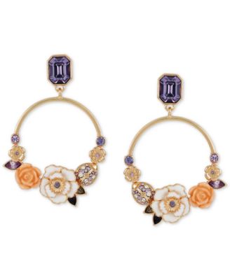 GUESS - Gold-Tone Mixed Color Stone Flower Front-Facing Drop Hoop Earrings