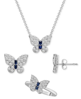 Macy's - 3-Pc. Set Lab-Created White Sapphire (2-1/5 ct. t.w.) & Lab-Created Blue Sapphire (1/4 ct. t.w.) Butterfly Pendant Necklace, Stud Earrings, and Ring in Sterling Silver