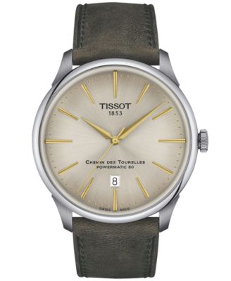 Tissot - Men's Swiss Automatic Chemin des Tourelles Powermatic 80 Green Leather Strap Watch 42mm
