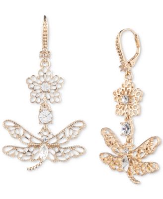 Marchesa - Gold-Tone Crystal Flower & Dragonfly Double Drop Earrings
